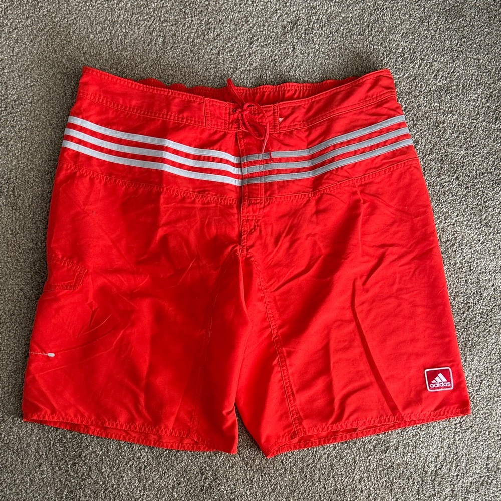 Men’s adidas Red Swim Shorts with Silver Stripe Accents